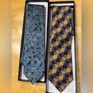 🇯🇵Stylish Blue and Yellow Patterned SILK Ties Set. Made in Japan